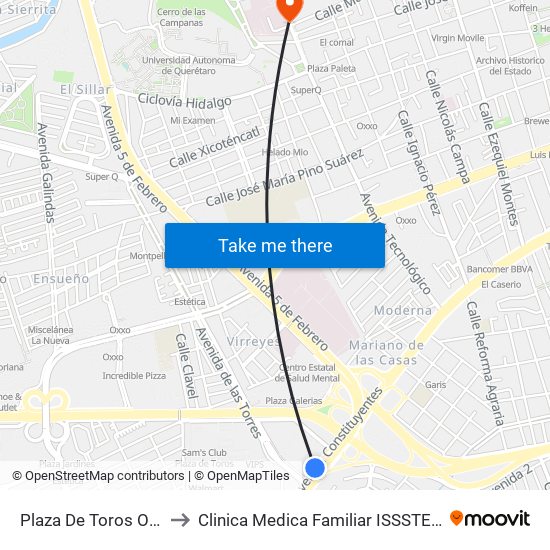 Plaza De Toros Ote - Pte to Clinica Medica Familiar ISSSTE Queretaro map