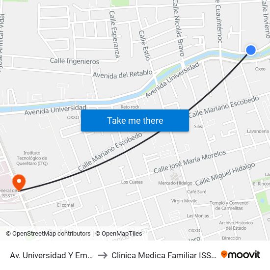 Av. Universidad Y Emilio Carranza to Clinica Medica Familiar ISSSTE Queretaro map