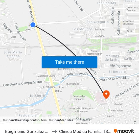 Epigmenio Gonzalez Y 5 De Febrero to Clinica Medica Familiar ISSSTE Queretaro map