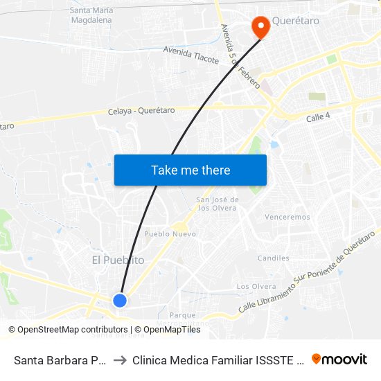 Santa Barbara Pte-Ote to Clinica Medica Familiar ISSSTE Queretaro map