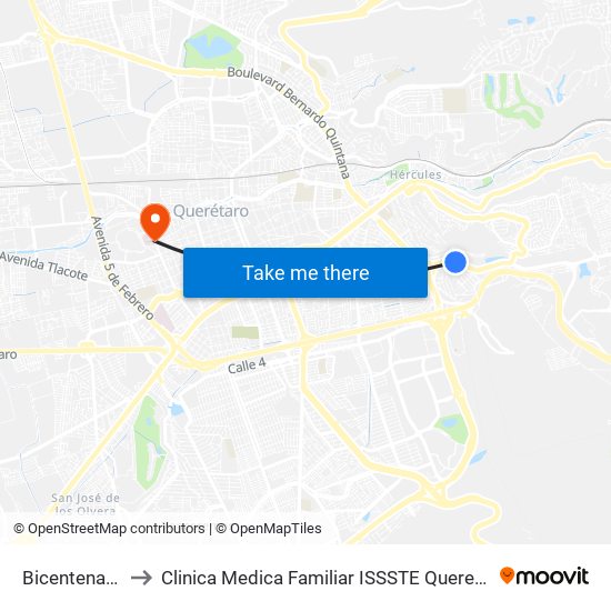 Bicentenario to Clinica Medica Familiar ISSSTE Queretaro map