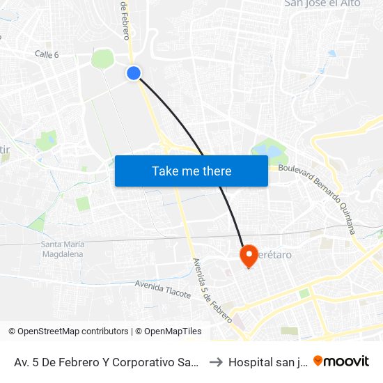 Av. 5 De Febrero Y Corporativo Santander to Hospital san jose map
