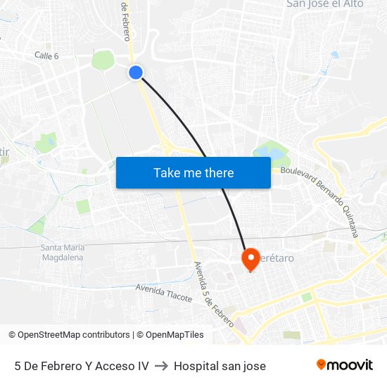 5 De Febrero Y Acceso IV to Hospital san jose map