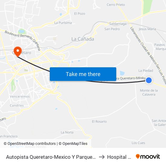 Autopista Queretaro-Mexico Y Parque Industrial El Marques to Hospital san jose map