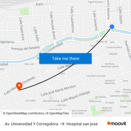 Av. Universidad Y Corregidora to Hospital san jose map