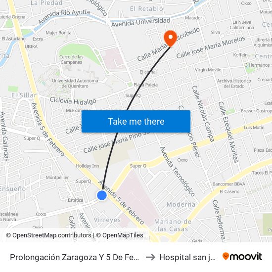 Prolongación Zaragoza Y 5 De Febrero to Hospital san jose map