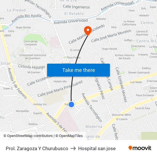Prol. Zaragoza Y Churubusco to Hospital san jose map