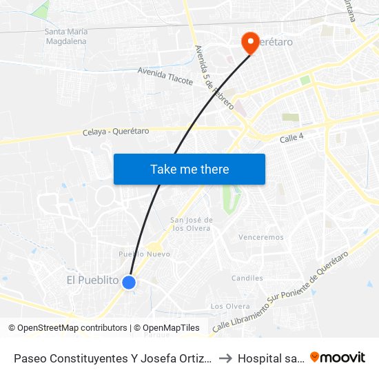 Paseo Constituyentes Y Josefa Ortiz De Dominguez to Hospital san jose map