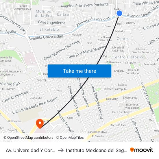 Av. Universidad Y Corregidora to Instituto Mexicano del Seguro Social map