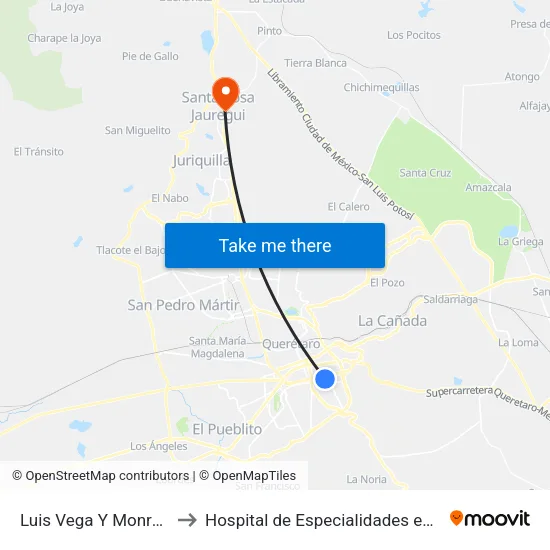 Luis Vega Y Monroy Y Plaza Del Cimatario to Hospital de Especialidades en Salud Mental "Juan Pablo Segundo" map