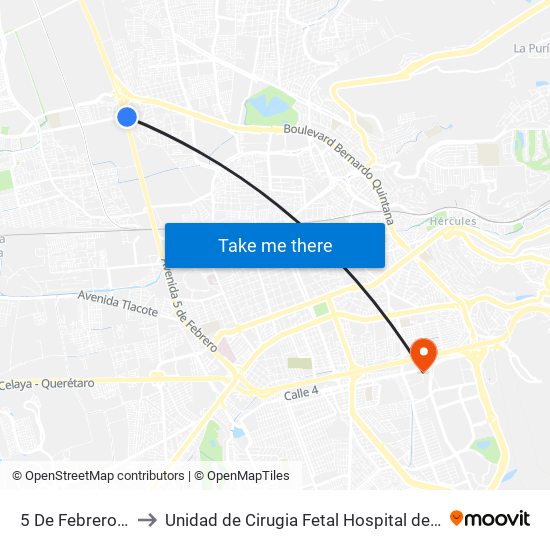 5 De Febrero Y La Obrera to Unidad de Cirugia Fetal Hospital de Especialidades. HENM. Qro map