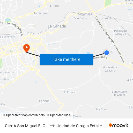 Carr A San Miguel El Colorado Y Calle San Juan Del Río to Unidad de Cirugia Fetal Hospital de Especialidades. HENM. Qro map