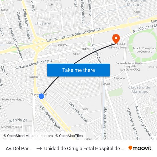 Av. Del Parque Y Garis to Unidad de Cirugia Fetal Hospital de Especialidades. HENM. Qro map