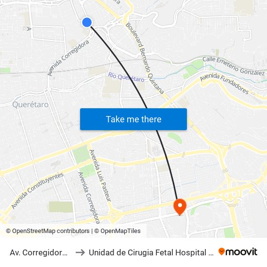 Av. Corregidora Y Plaza Dorada to Unidad de Cirugia Fetal Hospital de Especialidades. HENM. Qro map