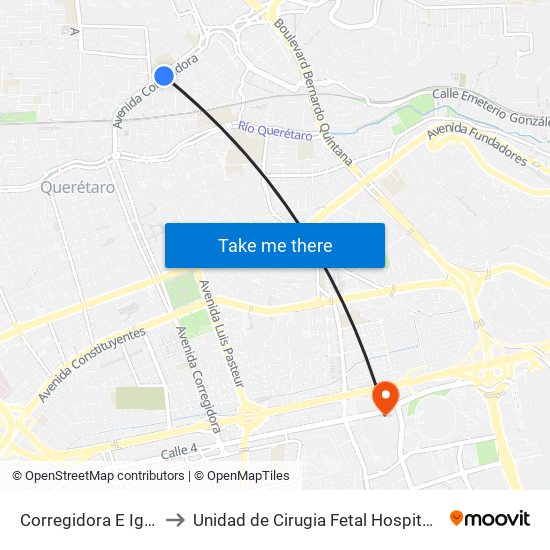 Corregidora E Ignacio López Rayón to Unidad de Cirugia Fetal Hospital de Especialidades. HENM. Qro map