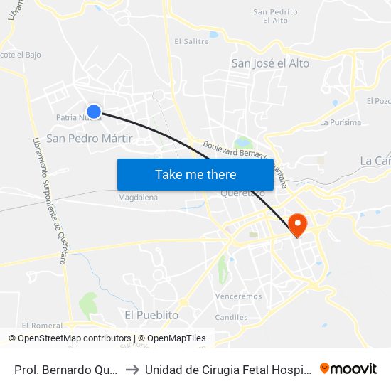 Prol. Bernardo Quintana Y Tarahumaras to Unidad de Cirugia Fetal Hospital de Especialidades. HENM. Qro map
