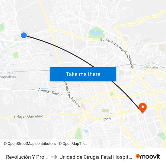 Revolución Y Prol Bernardo Quintana to Unidad de Cirugia Fetal Hospital de Especialidades. HENM. Qro map