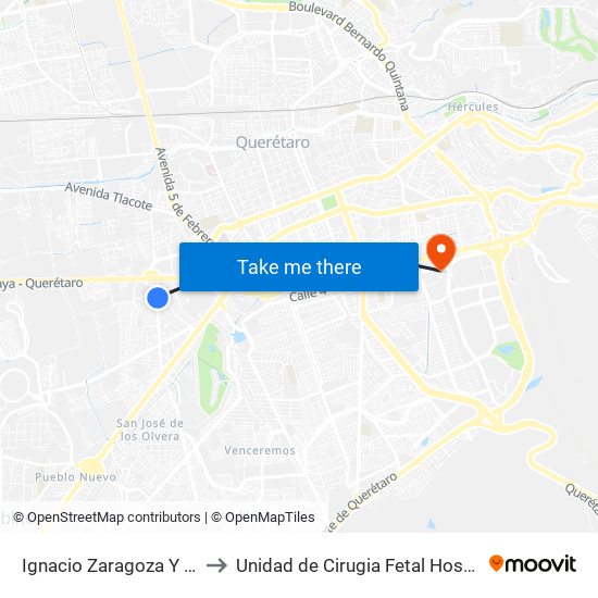 Ignacio Zaragoza Y Hacienda Chichimequillas to Unidad de Cirugia Fetal Hospital de Especialidades. HENM. Qro map