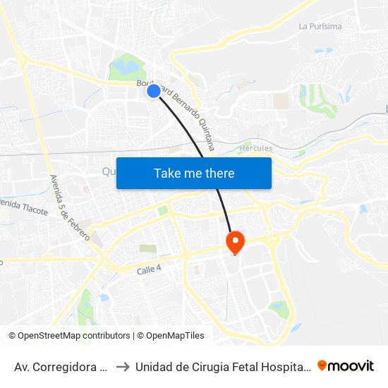 Av. Corregidora Y Plaza Del Parque to Unidad de Cirugia Fetal Hospital de Especialidades. HENM. Qro map