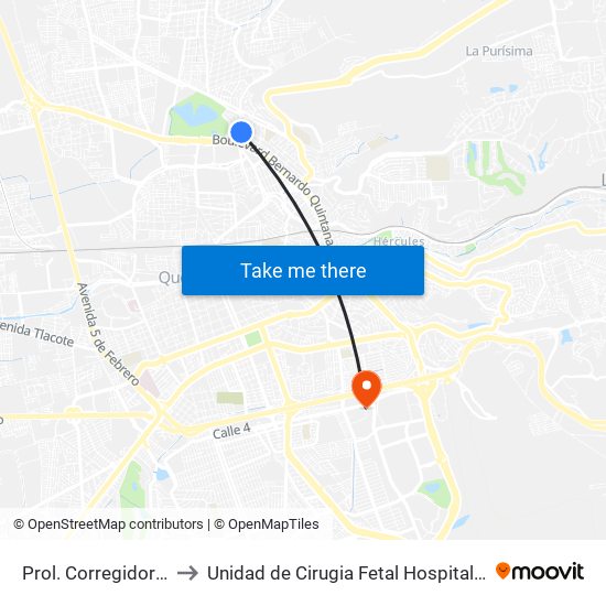 Prol. Corregidora Norte Y Morera to Unidad de Cirugia Fetal Hospital de Especialidades. HENM. Qro map