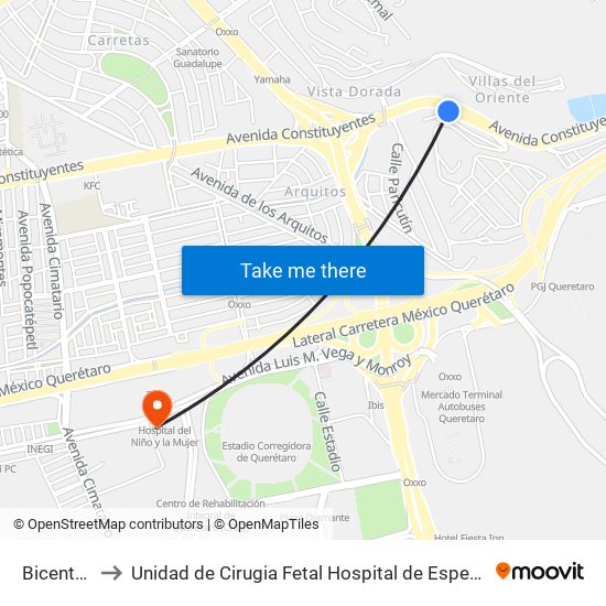 Bicentenario to Unidad de Cirugia Fetal Hospital de Especialidades. HENM. Qro map