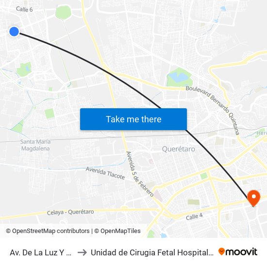 Av. De La Luz Y Cerro Del Capulín to Unidad de Cirugia Fetal Hospital de Especialidades. HENM. Qro map