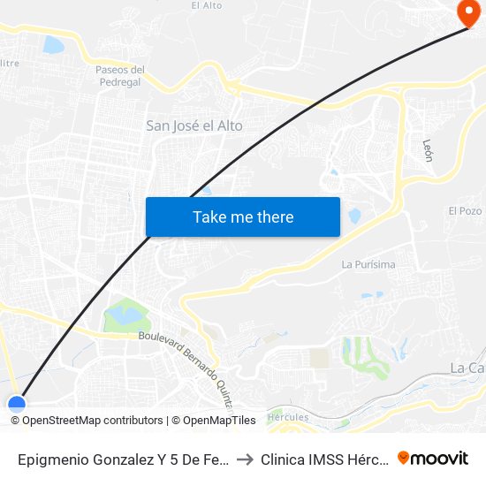 Epigmenio Gonzalez Y 5 De Febrero to Clinica IMSS Hércules map