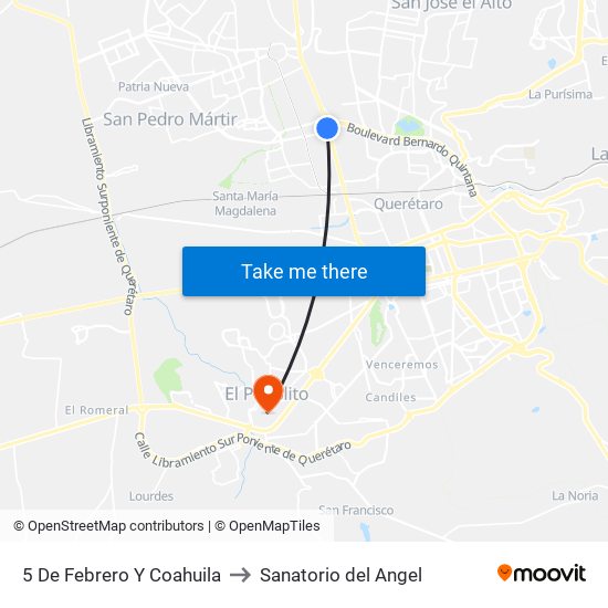 5 De Febrero Y Coahuila to Sanatorio del Angel map