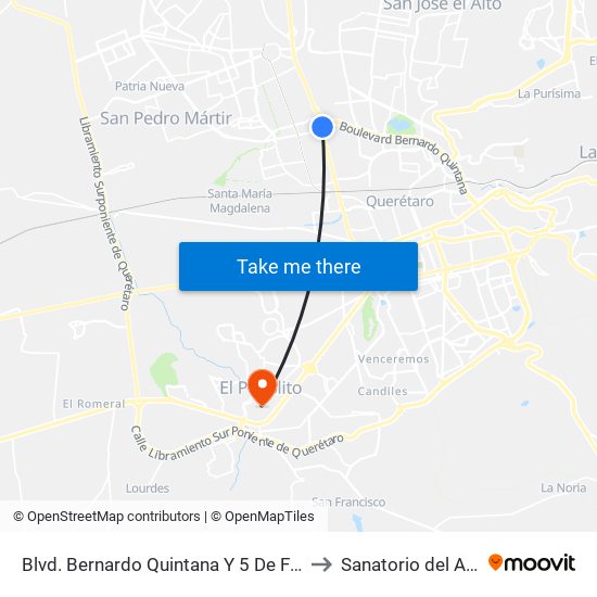 Blvd. Bernardo Quintana Y 5 De Febrero to Sanatorio del Angel map