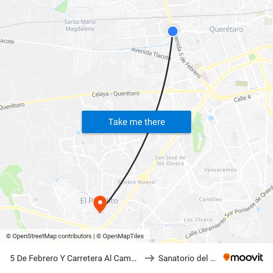 5 De Febrero Y Carretera Al Campo Militar to Sanatorio del Angel map