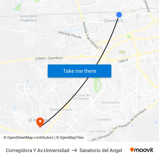 Corregidora Y Av.Universidad to Sanatorio del Angel map