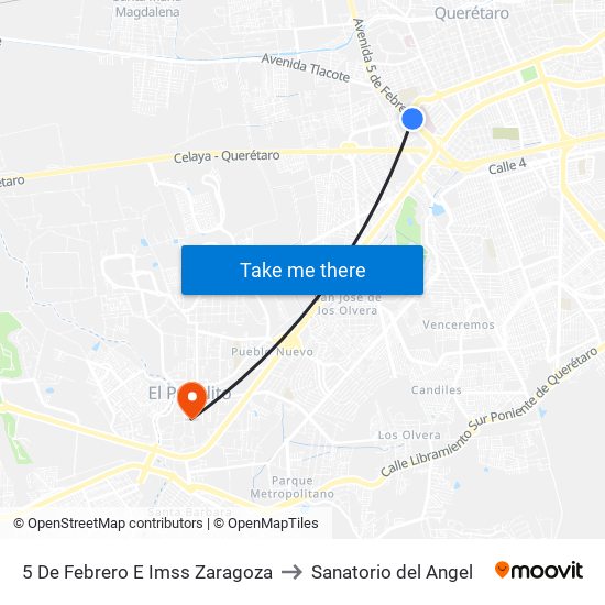 5 De Febrero E Imss Zaragoza to Sanatorio del Angel map