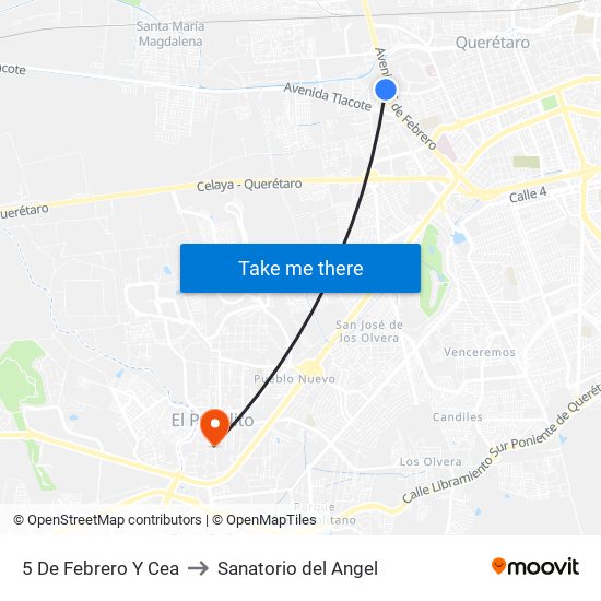 5 De Febrero Y Cea to Sanatorio del Angel map