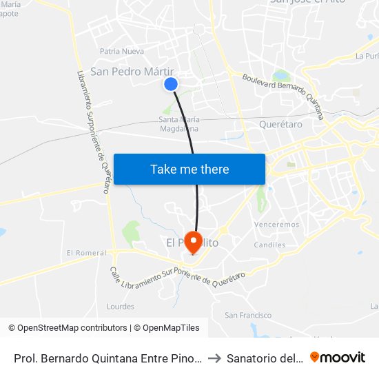 Prol. Bernardo Quintana Entre Pinos Y Berenice to Sanatorio del Angel map