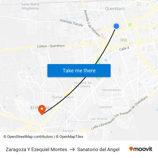 Zaragoza Y Ezequiel Montes to Sanatorio del Angel map