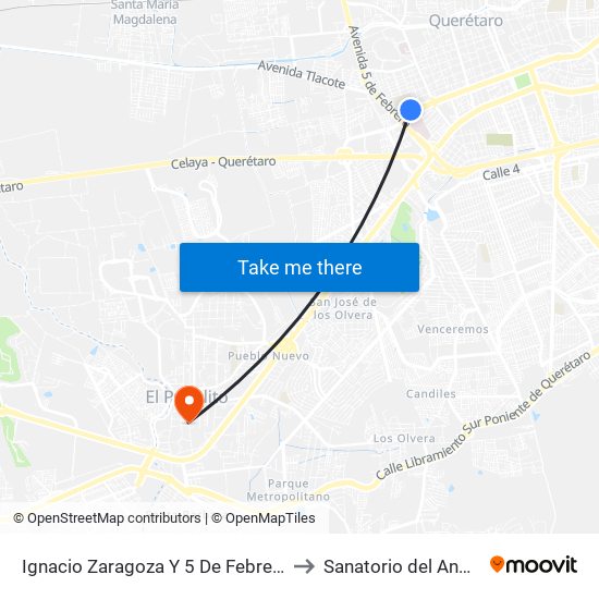 Ignacio Zaragoza Y 5 De Febrero to Sanatorio del Angel map