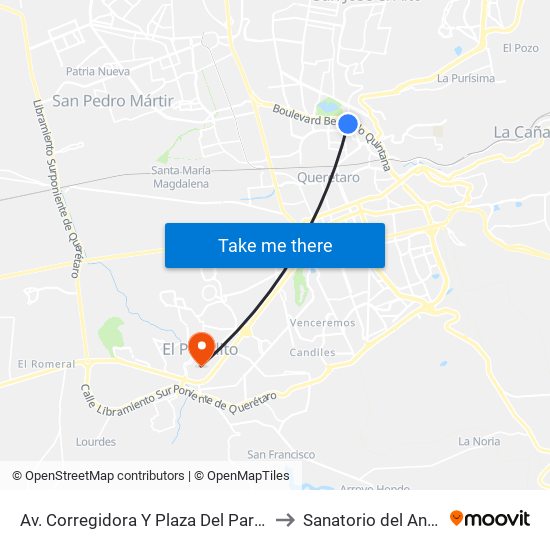 Av. Corregidora Y Plaza Del Parque to Sanatorio del Angel map