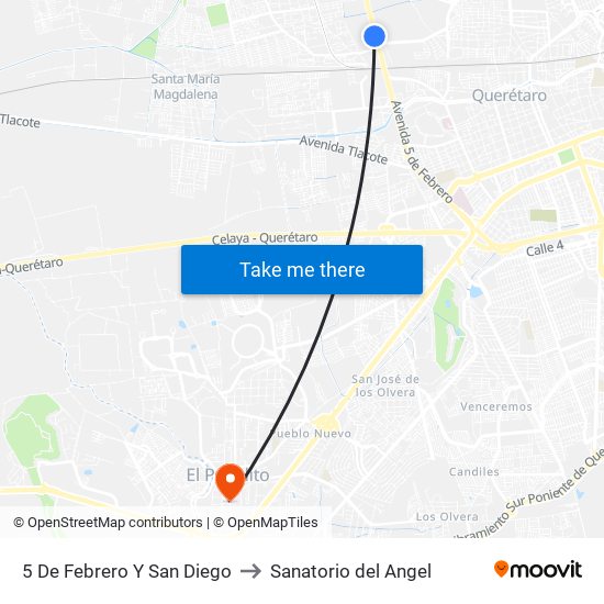 5 De Febrero Y San Diego to Sanatorio del Angel map
