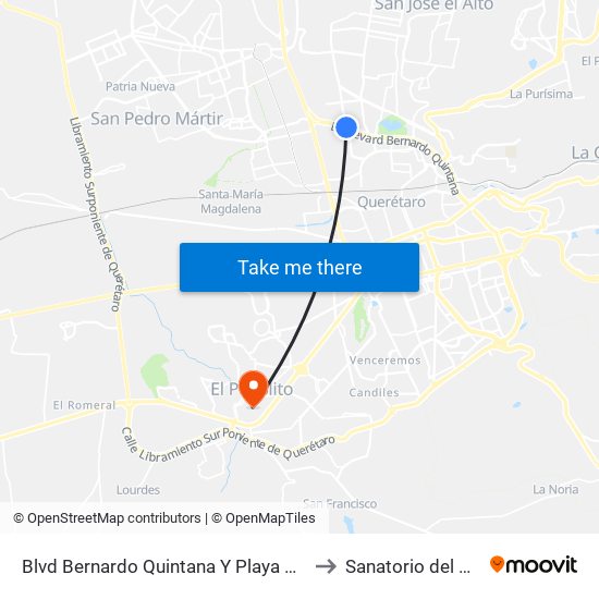 Blvd Bernardo Quintana Y Playa Condesa to Sanatorio del Angel map