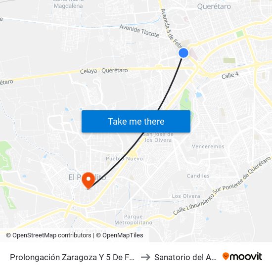 Prolongación Zaragoza Y 5 De Febrero to Sanatorio del Angel map