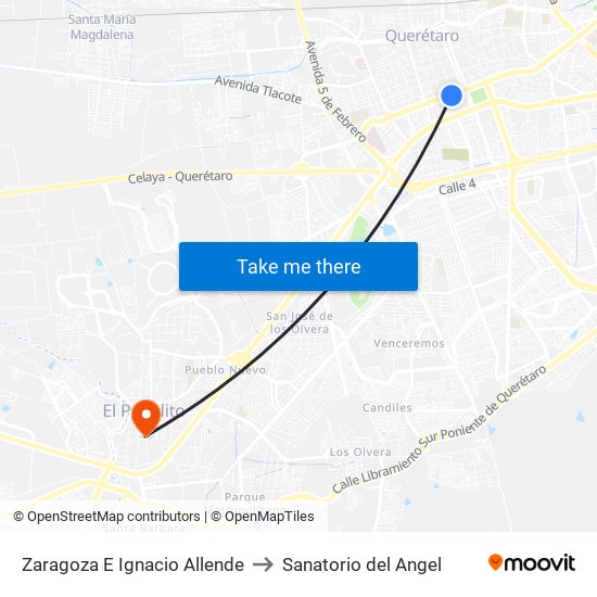 Zaragoza E Ignacio Allende to Sanatorio del Angel map