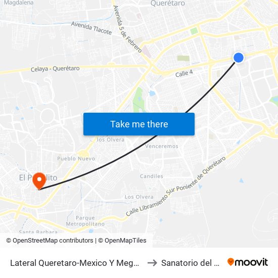 Lateral Queretaro-Mexico Y Mega Estadio to Sanatorio del Angel map
