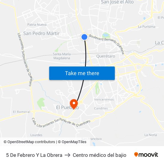 5 De Febrero Y La Obrera to Centro médico del bajio map
