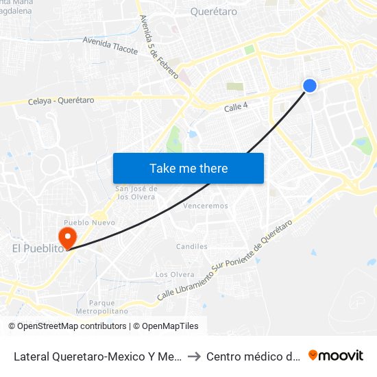 Lateral Queretaro-Mexico Y Mega Estadio to Centro médico del bajio map
