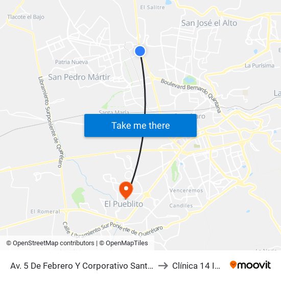 Av. 5 De Febrero Y Corporativo Santander to Clínica 14 Imss map
