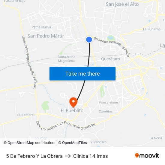 5 De Febrero Y La Obrera to Clínica 14 Imss map