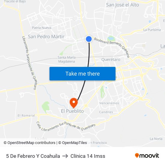 5 De Febrero Y Coahuila to Clínica 14 Imss map
