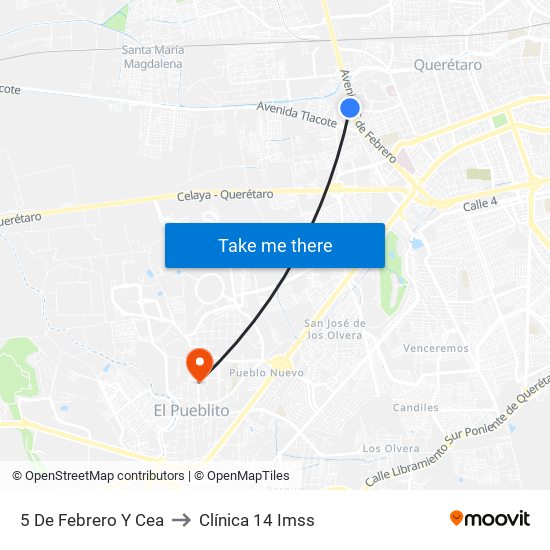 5 De Febrero Y Cea to Clínica 14 Imss map