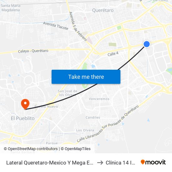 Lateral Queretaro-Mexico Y Mega Estadio to Clínica 14 Imss map