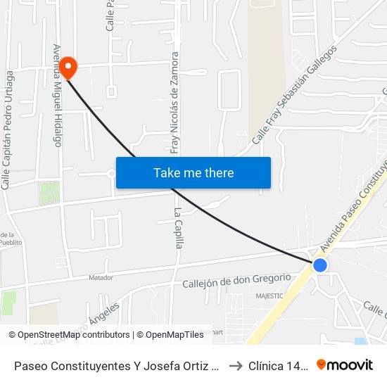 Paseo Constituyentes Y Josefa Ortiz De Dominguez to Clínica 14 Imss map